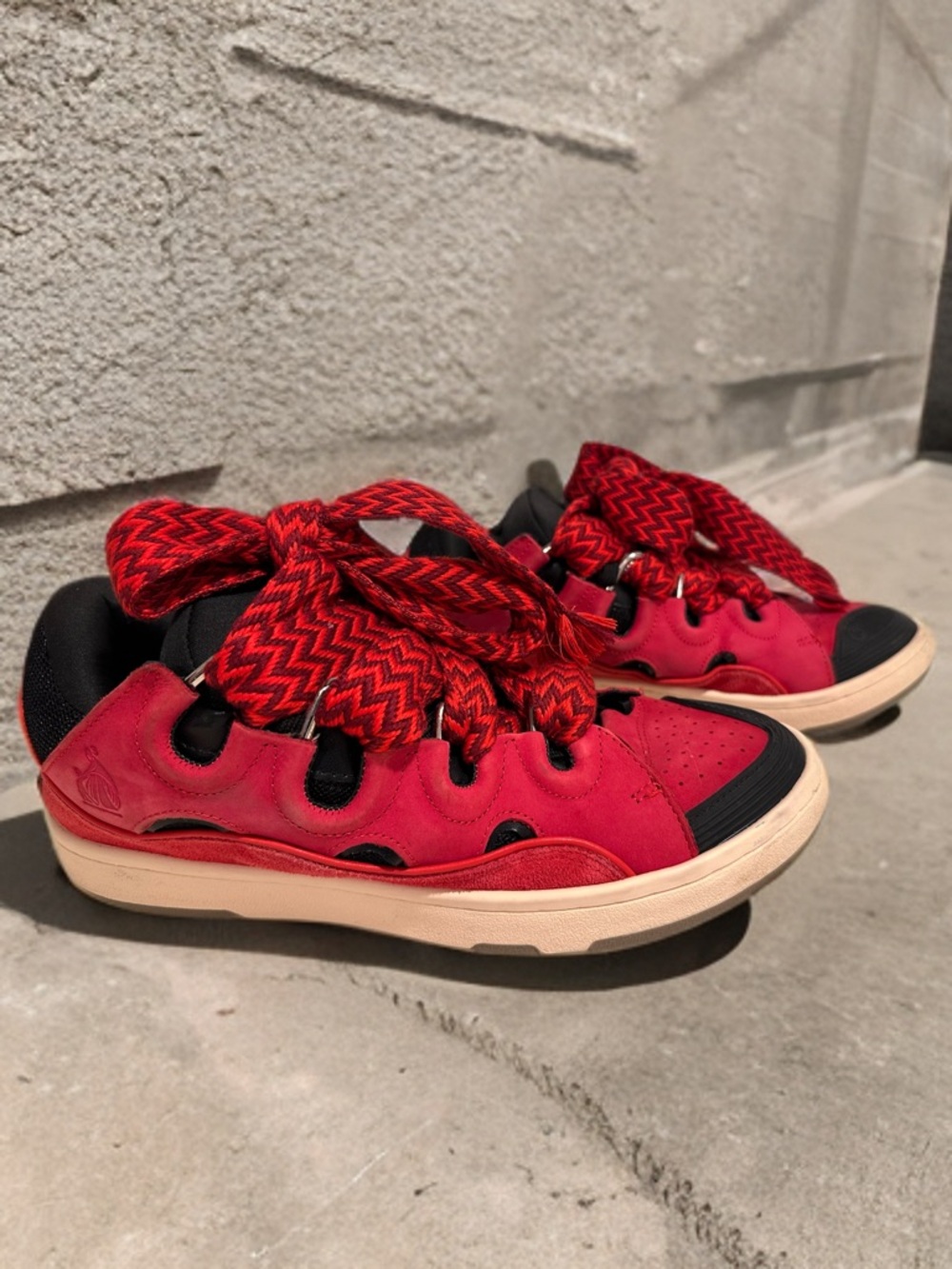 Lanvin Curb Men’s Sneakers Poppy Red Black Suede Oversized Laces LowTop Skate 12